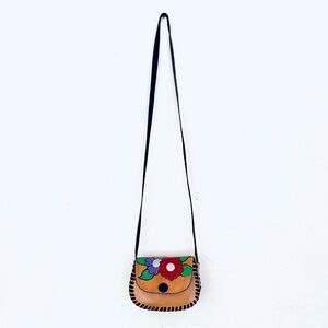 Handmade Mexican Artisan Painted Tan Leather Kids Crossbody Purse
